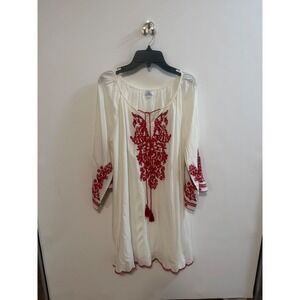 Chic Connection White Red Embroidered Boho Peasant Mini Dress Tunic Small